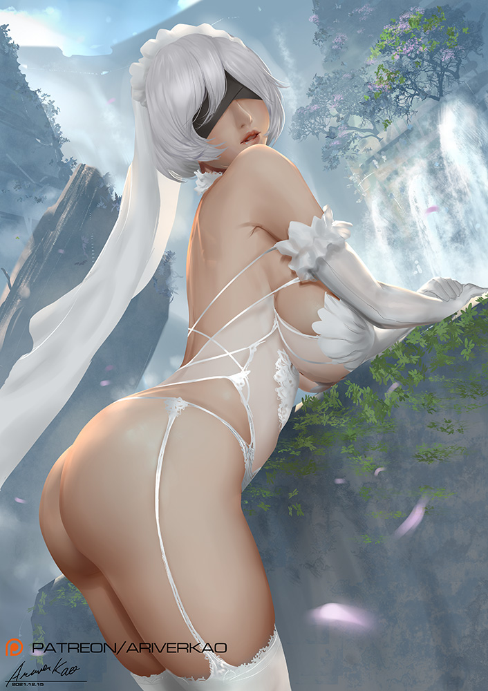 1girl ariverkao ass bent_over blindfold breasts dated day dutch_angle elbow_gloves garter_belt gloves large_breasts lips nier_(series) nier_automata outdoors ruins short_hair signature solo thighhighs underwear veil white_gloves white_hair white_legwear yorha_no._2_type_b