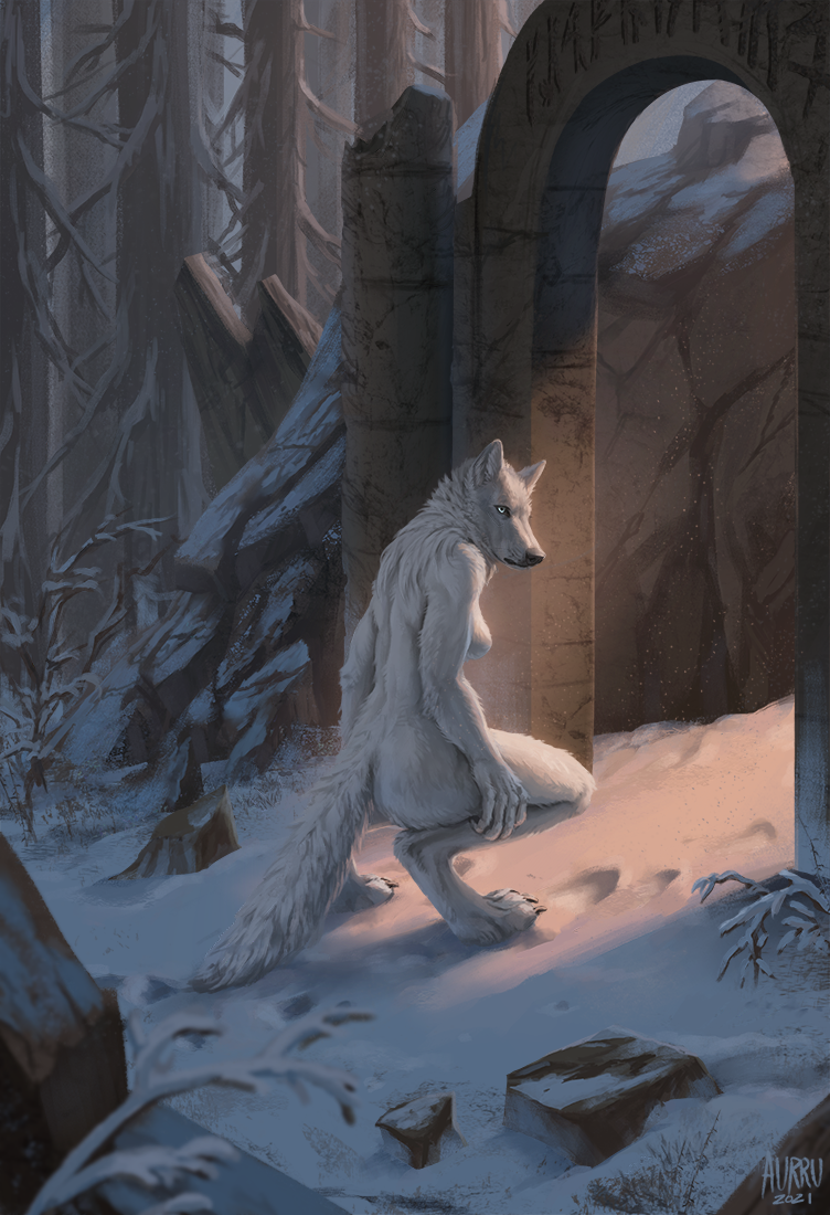 2021 4_toes 5_fingers anthro aurru black_nose breasts canid canine canis day detailed_background digital_media_(artwork) digitigrade feet female fingers forest fur mammal nude outside plant snow solo toes tree white_body white_fur wolf