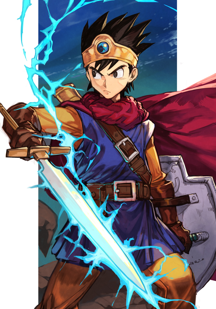1boy belt belt_buckle black_eyes black_hair brown_gloves buckle cape diadem dragon_quest dragon_quest_iii electricity feet_out_of_frame gloves holding holding_shield holding_sword holding_weapon hungry_clicker looking_to_the_side pants roto scabbard serious sheath shield short_hair solo spiked_hair sword tunic weapon