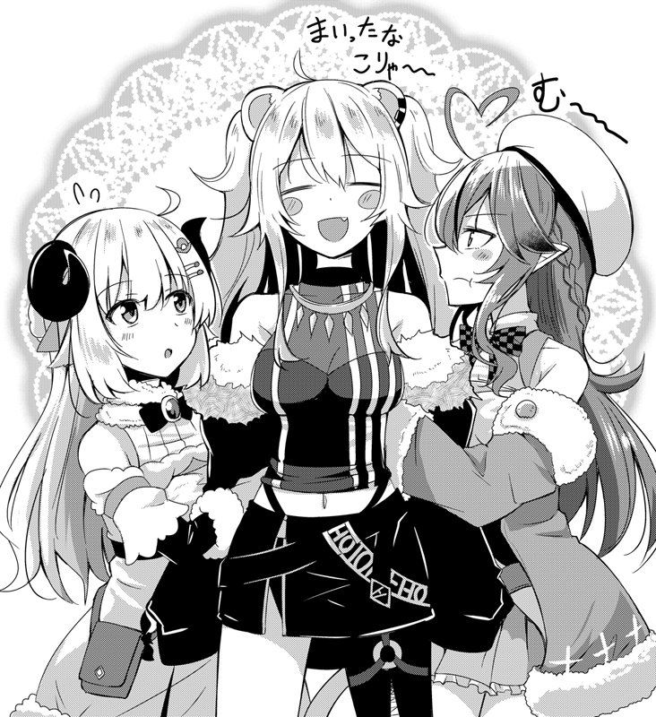 3girls ahoge animal_ears beret blush_stickers dress fang greyscale hat heart_ahoge holding_another's_arm hololive horns ichimi jealous lion_ears long_hair midriff miniskirt monochrome multiple_girls navel pointy_ears pout sheep_horns shishiro_botan skirt tsunomaki_watame yukihana_lamy