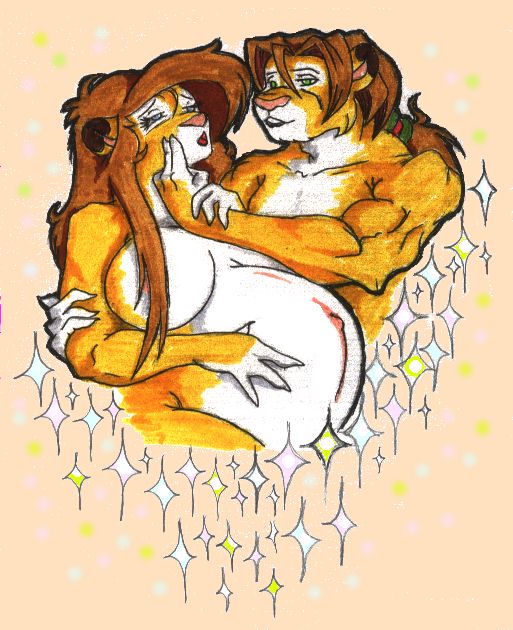 anthro belly big_belly big_breasts blue_eyes breasts brown_hair danellz duo felid female fur hair hand_on_stomach kathy_(danellz) leonel_(danellz) lion male mammal multicolored_body multicolored_fur navel nude open_mouth outie_navel pantherine pregnant pregnant_female sparkles traditional_media_(artwork) two_tone_body two_tone_fur