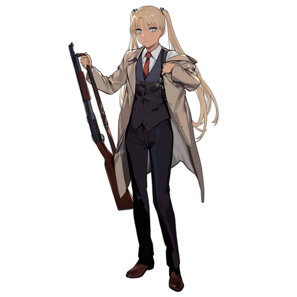 1girl blonde_hair brown_jacket dark-skinned_female dark_skin duoyuanjun formal girls'_frontline gun gunslinger_girl handgun jacket looking_at_viewer necktie pants queues shotgun sig_sauer sig_sauer_p230 smiley_face suit transparent_background triela weapon winchester_model_1897