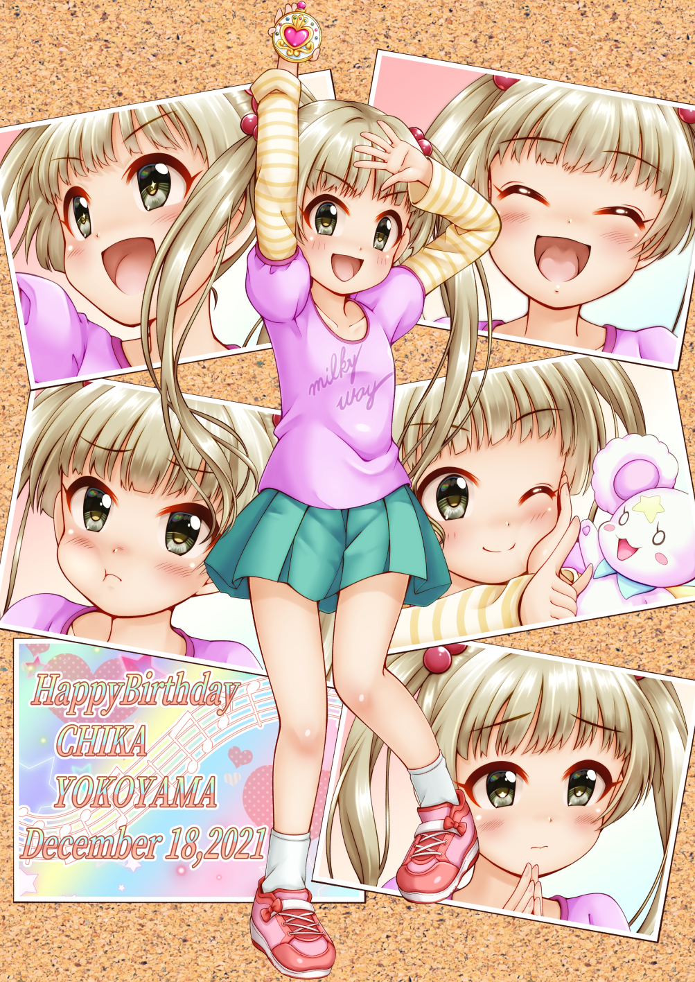 1girl :d :t ;) ^_^ arms_up blush brown_eyes brown_hair character_name closed_eyes closed_mouth commentary_request dated full_body green_skirt hair_bobbles hair_ornament happy_birthday highres holding idolmaster idolmaster_cinderella_girls layered_sleeves long_hair long_sleeves one_eye_closed photo_(object) pink_shirt pleated_skirt pout puffy_short_sleeves puffy_sleeves regular_mow shirt short_over_long_sleeves short_sleeves skirt smile solo standing standing_on_one_leg stuffed_animal stuffed_toy twintails very_long_hair wavy_mouth yokoyama_chika