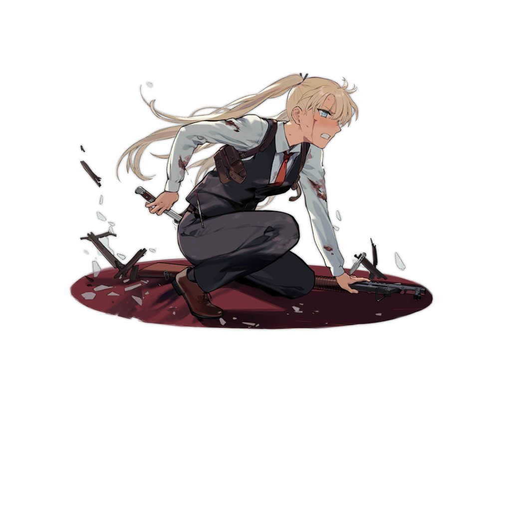 1girl angry black_pants black_vest blonde_hair blood blood_on_clothes blood_on_face blue_eyes brown_footwear dark-skinned_female dark_skin duoyuanjun formal girls'_frontline gun gunslinger_girl knife necktie one_knee pants red_necktie shotgun solo suit transparent_background triela twintails vest weapon winchester_model_1897