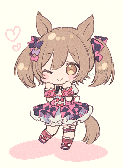1girl ;&gt; animal_ears aruya_(flosrota) bangs black_bow blush_stickers bow brown_background brown_eyes brown_hair chibi closed_mouth eyebrows_visible_through_hair hair_between_eyes hair_bow hands_up heart horse_ears horse_girl horse_tail pink_bow pink_footwear pink_skirt pleated_skirt purple_bow shoes skirt smart_falcon_(umamusume) solo standing standing_on_one_leg tail twintails umamusume