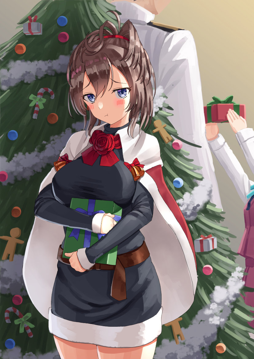 1boy 2girls admiral_(kancolle) blue_eyes blush box brown_hair cape christmas christmas_ornaments christmas_tree closed_mouth cowboy_shot flower gift gift_box hair_between_eyes holding holding_gift kantai_collection long_sleeves mayura2002 medium_hair military military_uniform multiple_girls naval_uniform pout red_cape red_flower red_rose rose sheffield_(kancolle) solo_focus uniform