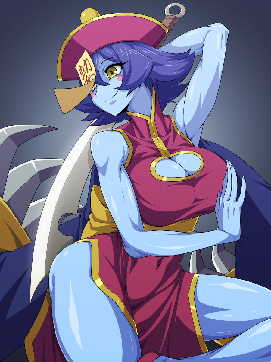 1girl blue_hair blue_skin breasts chinese_clothes claws cleavage cleavage_cutout closed_mouth clothing_cutout colored_skin dress flipped_hair hat highres jiangshi large_breasts lei_lei mimizu_(tokagex) short_hair simple_background smile solo vampire_(game) yellow_eyes