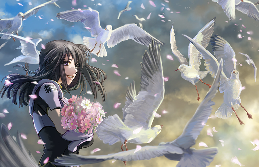 1girl bird black_hair bouquet cloud cloudy_sky dove floating_hair flower flying from_side holding holding_bouquet looking_at_viewer medium_hair misaki_shizuno parted_lips petals pilot_suit pink_flower purple_eyes sky smile solo yunamik zegapain
