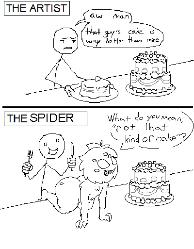 ambiguous_gender anthro arachnid arthropod big_butt black_and_white butt cake dessert fangs food group humor male meme monochrome multi_eye nude simple_background spider stick_figure text websheck websly