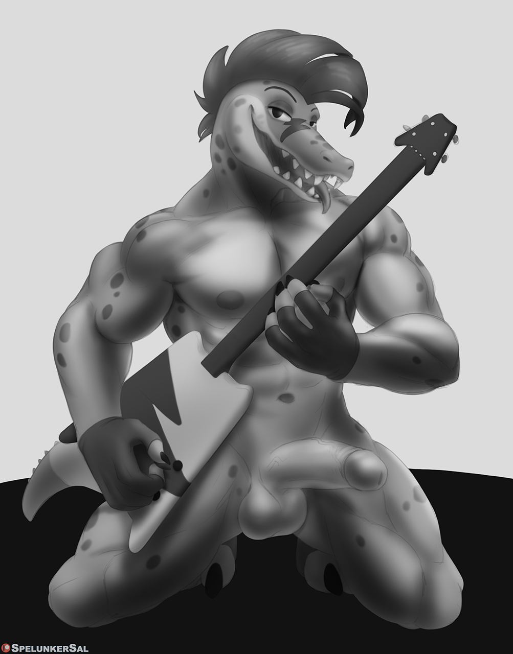 4_fingers alligator alligatorid anthro balls black_and_white claws clothing crocodile crocodilian crocodylid erection facial_tattoo fingerless_gloves fingers five_nights_at_freddy's five_nights_at_freddy's:_security_breach genitals gloves gloves_only guitar handwear handwear_only hi_res humanoid_genitalia humanoid_hands humanoid_penis kneeling looking_at_viewer male mohawk monochrome montgomery_gator_(fnaf) mostly_nude muscular muscular_anthro muscular_male musical_instrument naughty_face naughty_smile navel nipples nude open_maw open_mouth patreon patreon_logo patreon_username penis plucked_string_instrument reptile scalie scottgames shaded solo spelunker_sal spots spotted_body string_instrument tattoo teeth teeth_showing tongue tongue_out vein veiny_penis video_games