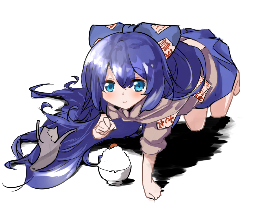 1girl bare_legs barefoot blue_eyes blue_hair blue_skirt blush bow bowl closed_mouth eyebrows_visible_through_hair grey_hoodie hair_bow hellnyaa hood hoodie long_hair rice rice_bowl short_sleeves simple_background skirt smile solo stuffed_animal stuffed_cat stuffed_toy touhou white_background yorigami_shion