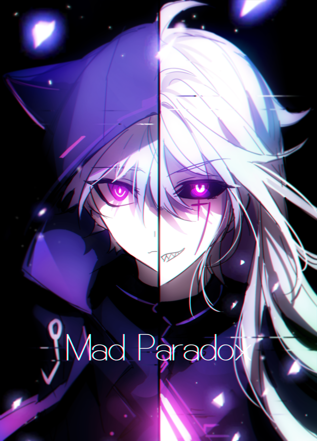 2boys add_(elsword) animal_hood bangs black_jacket black_sclera character_name closed_mouth colored_sclera dual_persona elsword english_commentary fractalmagnolia grin hair_between_eyes hood hood_up jacket long_hair looking_at_viewer mad_paradox_(elsword) male_focus multiple_boys pink_eyes simple_background smile upper_body white_hair