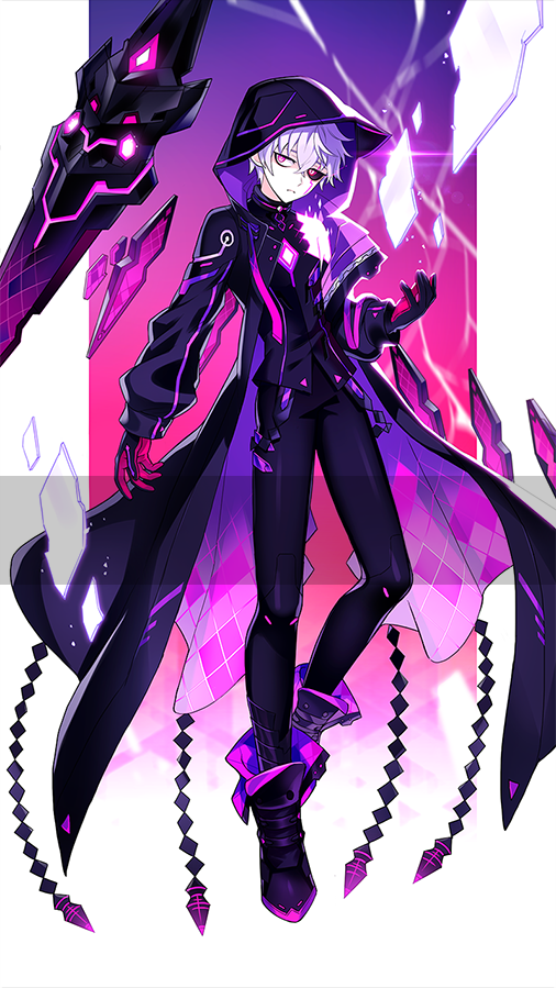 1boy add_(elsword) argyle bangs black_coat black_footwear black_pants boots closed_mouth coat elsword fractalmagnolia full_body gloves hair_between_eyes hood hood_up hooded_coat korean_commentary long_sleeves mad_paradox_(elsword) male_focus mismatched_sclera pants pink_eyes solo white_hair