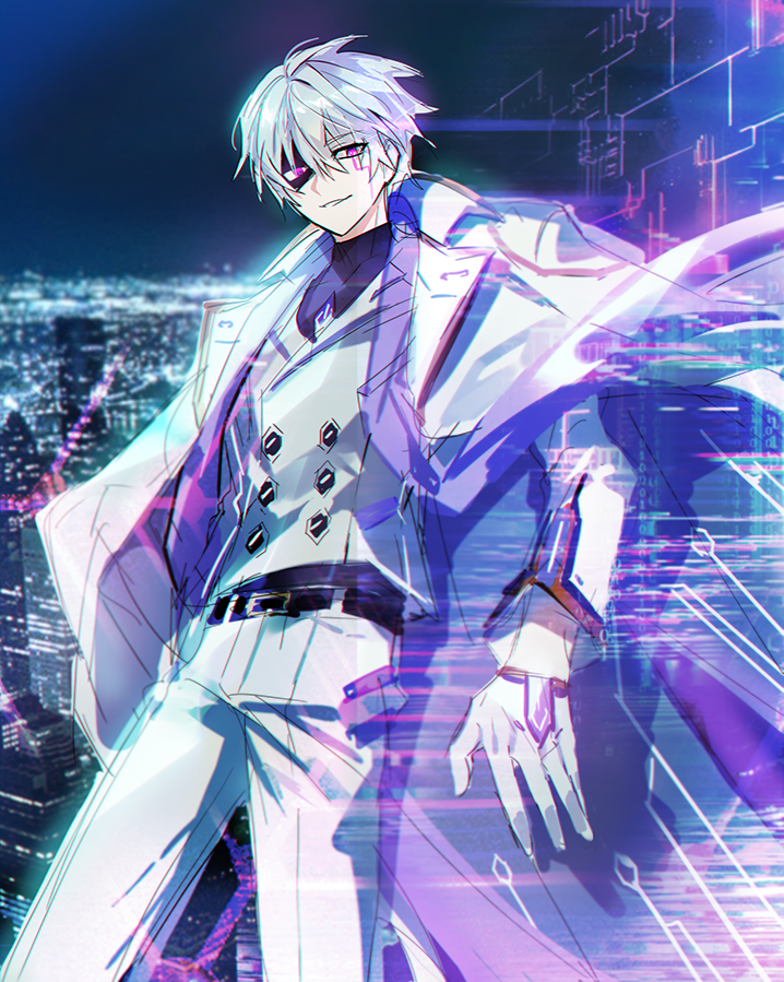 1boy add_(elsword) bangs black_shirt city coat coat_on_shoulders dominator_(elsword) elsword english_commentary fractalmagnolia gloves hair_between_eyes jacket long_sleeves male_focus pants parted_lips pink_eyes shirt silver_hair solo vest white_gloves white_pants