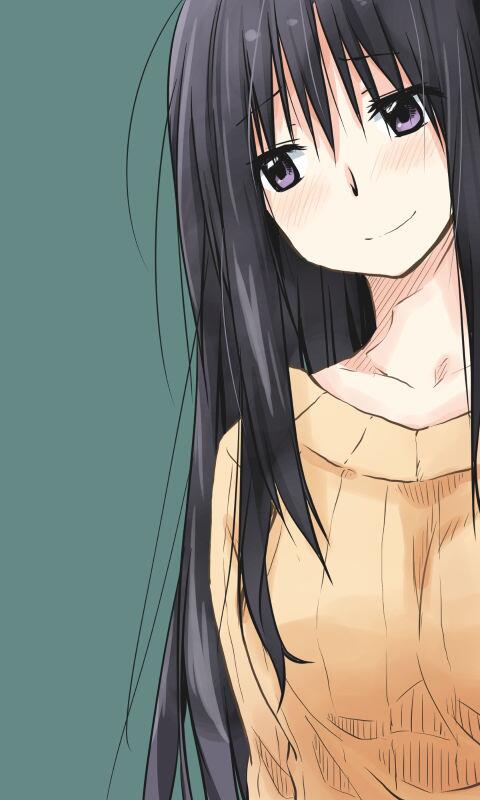 1girl black_hair blush breasts character_request closed_mouth kagiana long_hair purple_eyes simple_background smile solo sweater