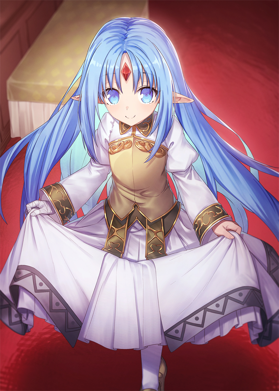 1girl blue_eyes blue_hair blurry blurry_background brown_footwear brown_vest closed_mouth commission depth_of_field forehead_jewel highres ibuki_notsu juliet_sleeves long_hair long_sleeves looking_at_viewer pantyhose pointy_ears puffy_sleeves rance_(series) reset_kalar shoes skeb_commission skirt skirt_hold smile solo standing vest white_legwear white_skirt