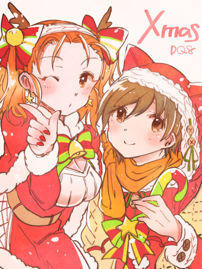 1boy 1girl blush breasts christmas cleavage closed_mouth dragon_quest dragon_quest_viii dress earrings hero_(dq8) jessica_albert jewelry large_breasts long_hair looking_at_viewer nail_polish simple_background siroirohituji smile twintails