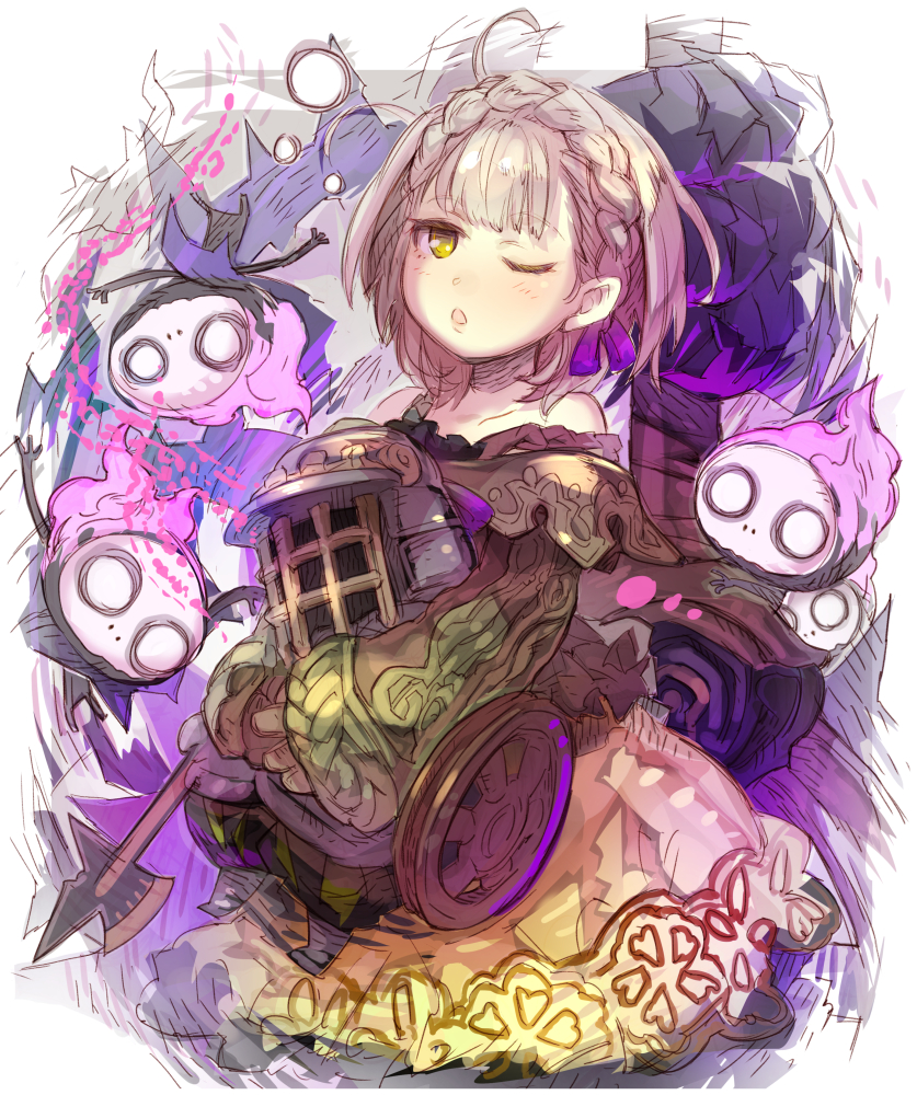 1girl :o bangs bare_shoulders blonde_hair braid briar_rose_(sinoalice) doll haku_(sabosoda) holding long_sleeves looking_at_viewer nightgown one_eye_closed open_mouth short_hair simple_background sinoalice solo yellow_eyes