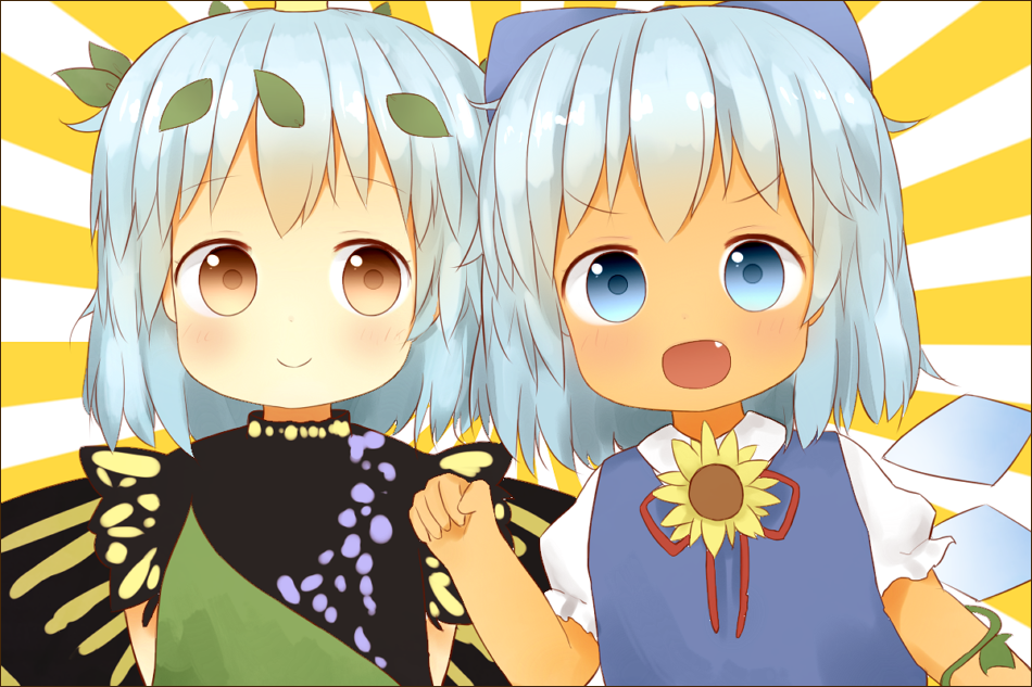 2girls antennae antidote aqua_hair blue_bow blue_dress blue_eyes blue_hair blush bow brown_eyes butterfly_wings cirno closed_mouth collared_shirt dress eternity_larva eyebrows_visible_through_hair fairy fang flower green_dress hair_between_eyes hair_bow ice ice_wings leaf leaf_on_head looking_at_viewer multicolored_clothes multicolored_dress multiple_girls open_mouth puffy_short_sleeves puffy_sleeves shirt short_hair short_sleeves single_strap smile sunflower tanned_cirno touhou upper_body white_shirt wings yellow_flower