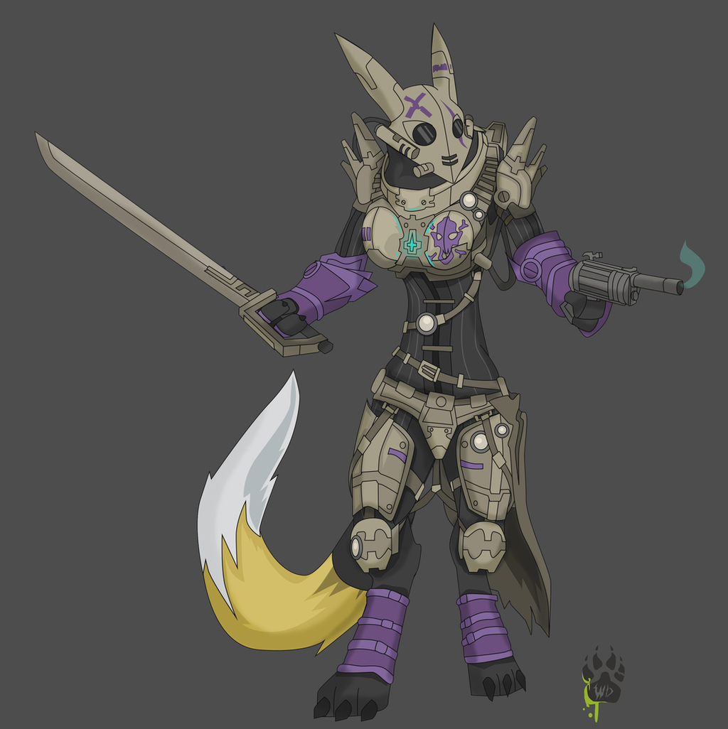 anthro armor bandai_namco claws clothed clothing digimon digimon_(species) female fully_clothed fur furgonomics gun handgun headgear helmet knee_pads melee_weapon ranged_weapon renamon revolver solo sword weapon white_body white_fur wolfdawg yellow_body yellow_fur