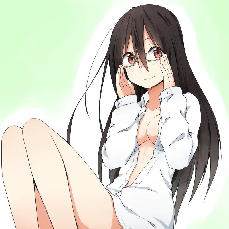 1girl black_hair bottomless breasts brown_eyes closed_mouth glasses kagiana komori_kiri long_hair looking_at_viewer sayonara_zetsubou_sensei semi-rimless_eyewear simple_background smile solo under-rim_eyewear