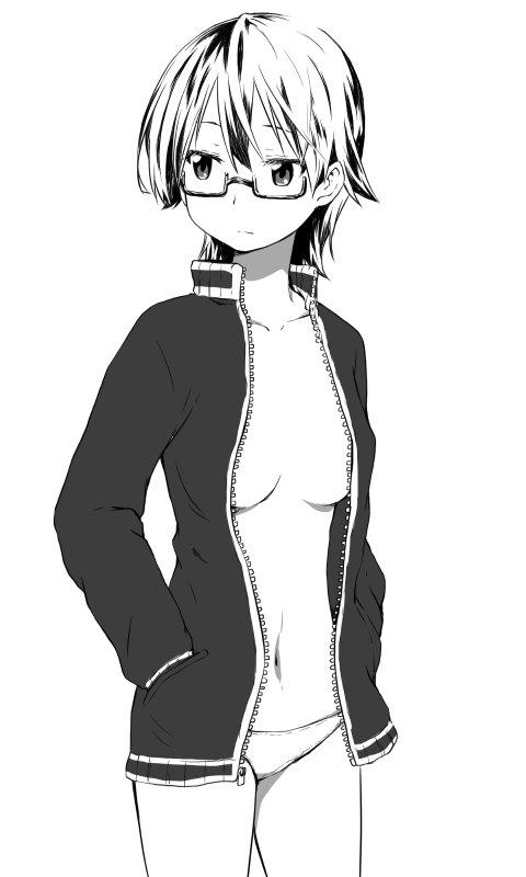 1girl breasts closed_mouth glasses greyscale jacket k-on! kagiana manabe_nodoka monochrome navel panties semi-rimless_eyewear short_hair simple_background solo track_jacket under-rim_eyewear underwear white_background