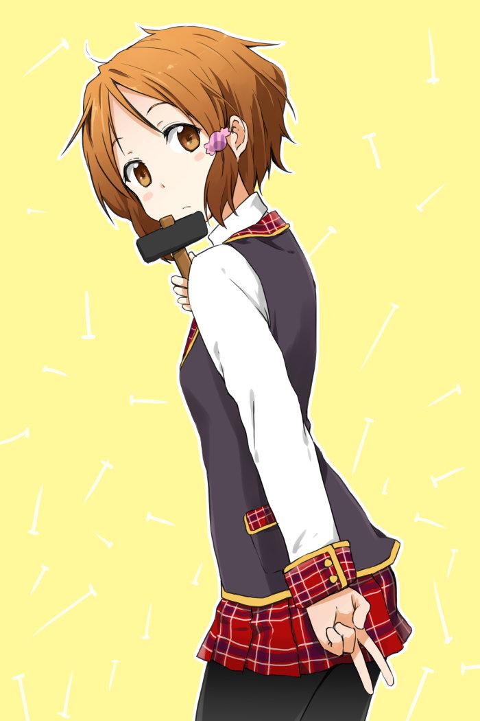 1girl blush_stickers breasts brown_eyes brown_hair candy_wrapper closed_mouth hair_ornament hairclip hammer kagiana looking_at_viewer makino_kanna pantyhose school_uniform short_hair skirt solo tamako_market v