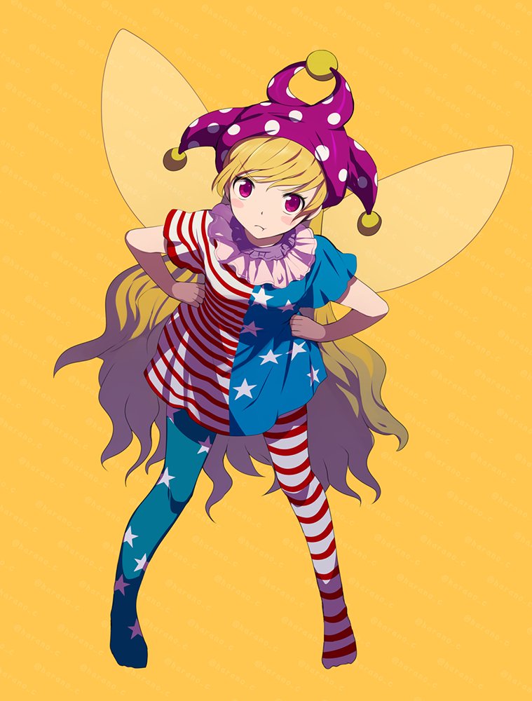 1girl :t american_flag_dress american_flag_legwear arm_up bangs banned_artist blonde_hair blush clownpiece commentary_request dress eyebrows_visible_through_hair eyelashes fairy_wings full_body hands_on_hips harano hat jester_cap long_hair looking_at_viewer moon neck_ruff open_mouth pantyhose pink_headwear polka_dot pout purple_eyes short_dress short_sleeves simple_background smile solo standing star-shaped_pupils star_(symbol) star_print striped symbol-shaped_pupils touhou very_long_hair wings yellow_background