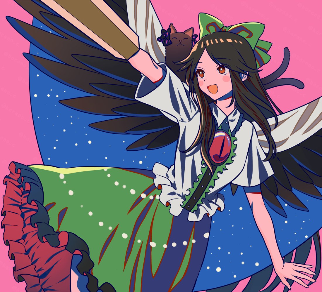 2girls :d animal_ears animal_on_shoulder arm_cannon arm_up bangs banned_artist bird_wings black_cat black_wings blush bow bright_pupils brown_hair buttons cape cat center_frills commentary_request control_rod feathered_wings fingernails frilled_shirt_collar frilled_skirt frills green_bow green_skirt hair_bow harano kaenbyou_rin kaenbyou_rin_(cat) long_hair looking_to_the_side multiple_girls nekomata open_mouth pink_background puffy_short_sleeves puffy_sleeves red_eyes reiuji_utsuho shirt short_sleeves sidelocks simple_background skirt smile space_print standing starry_sky_print third_eye touhou weapon white_cape white_pupils white_shirt wings