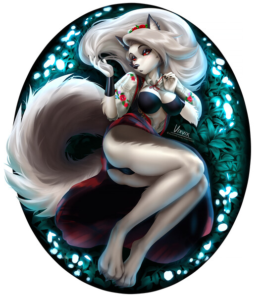 anthro blush canid canid_demon canine canis clothing demon digitigrade eyeshadow female fluffy fluffy_tail fur grey_body grey_ears grey_fur hair hellhound helluva_boss long_hair looking_at_viewer loona_(helluva_boss) makeup mammal narrowed_eyes red_sclera silver_hair simple_background slavic solo underwear vixvixart white_background white_body white_eyes white_fur wolf