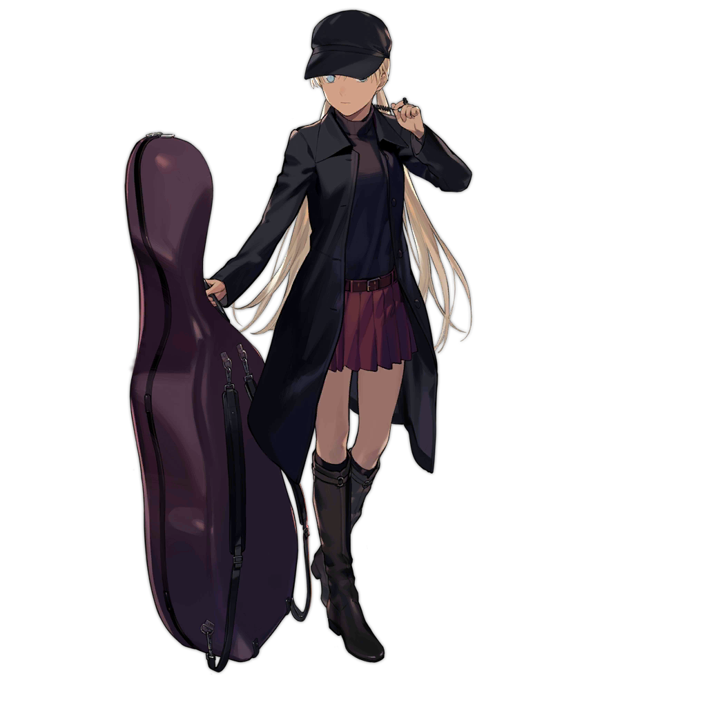 1girl blonde_hair blue_eyes boots cello_case dark-skinned_female dark_skin duoyuanjun girls'_frontline gunslinger_girl jacket kilt microphone solo transparent_background triela