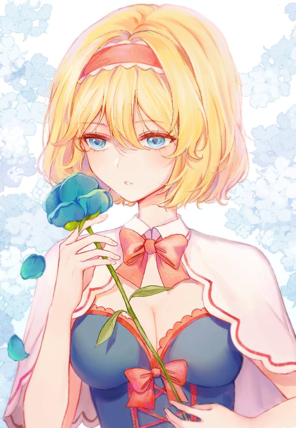 1girl alice_margatroid bangs blonde_hair blue_background blue_dress blue_eyes blue_flower blue_rose blush bow bowtie breasts capelet closed_mouth dress eyebrows_visible_through_hair floral_background flower hair_between_eyes hairband hands_up highres looking_to_the_side medium_breasts petals red_bow red_bowtie red_hairband rose short_hair solo teeth touhou touhouproject16 white_background white_capelet