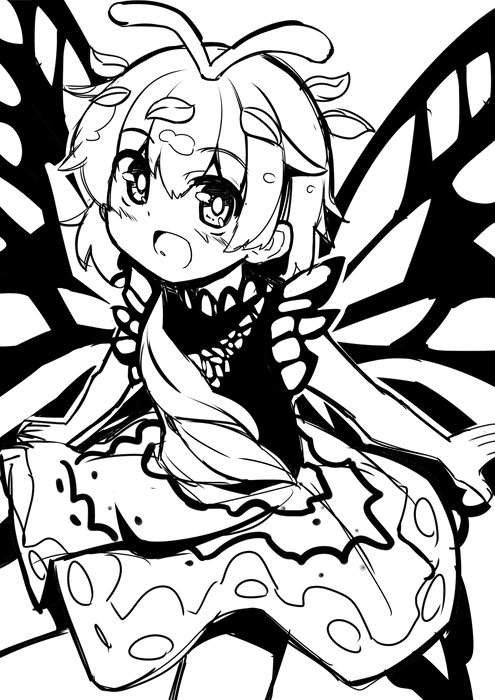 1girl antennae blush butterfly_wings dress eternity_larva eyebrows_visible_through_hair fairy greyscale hair_between_eyes leaf leaf_on_head monochrome multicolored_clothes multicolored_dress open_mouth ryuu_(multitask) short_hair simple_background single_strap smile solo touhou white_background wings