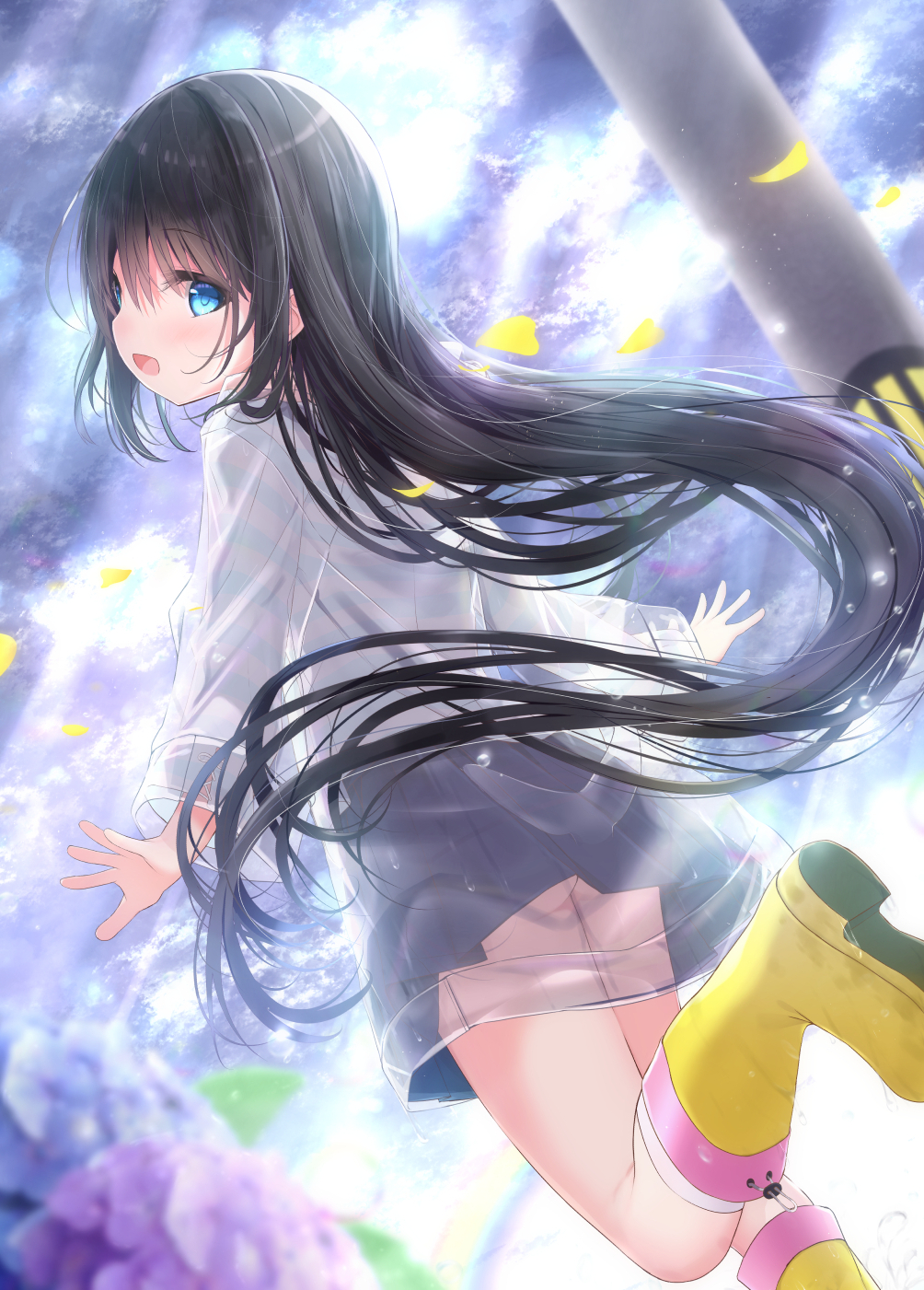 1girl :d bangs black_hair black_skirt blue_eyes blue_flower blurry blurry_background blurry_foreground blush boots cloud cloudy_sky commentary_request depth_of_field eyebrows_visible_through_hair flower hair_between_eyes highres hydrangea knee_boots kouda_suzu long_hair long_sleeves looking_at_viewer looking_back original outdoors petals pleated_skirt pole purple_flower raincoat see-through shirt shoe_soles skirt sky smile solo standing standing_on_one_leg sunlight very_long_hair white_shirt yellow_footwear