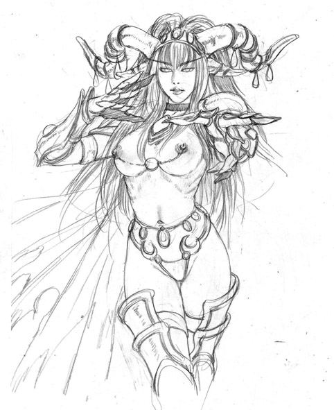 alexstrasza azazel1944 bikini_armor boots breasts cape erect_nipples gauntlets hairband horns long_hair monochrome nipple_chain nipple_piercing nipples sketch thigh_boots thighhighs topless warcraft world_of_warcraft