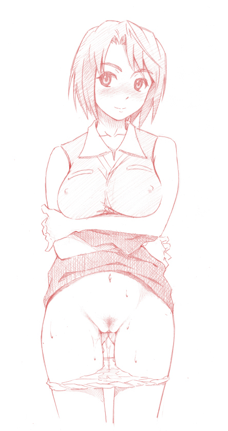bare_shoulders blush breast_hold breasts covered_nipples face large_breasts monochrome my-hime navel nora_shinji panties panty_pull pubic_hair pussy pussy_juice short_hair sketch skirt skirt_lift smile solo sweat tokiha_mai underwear