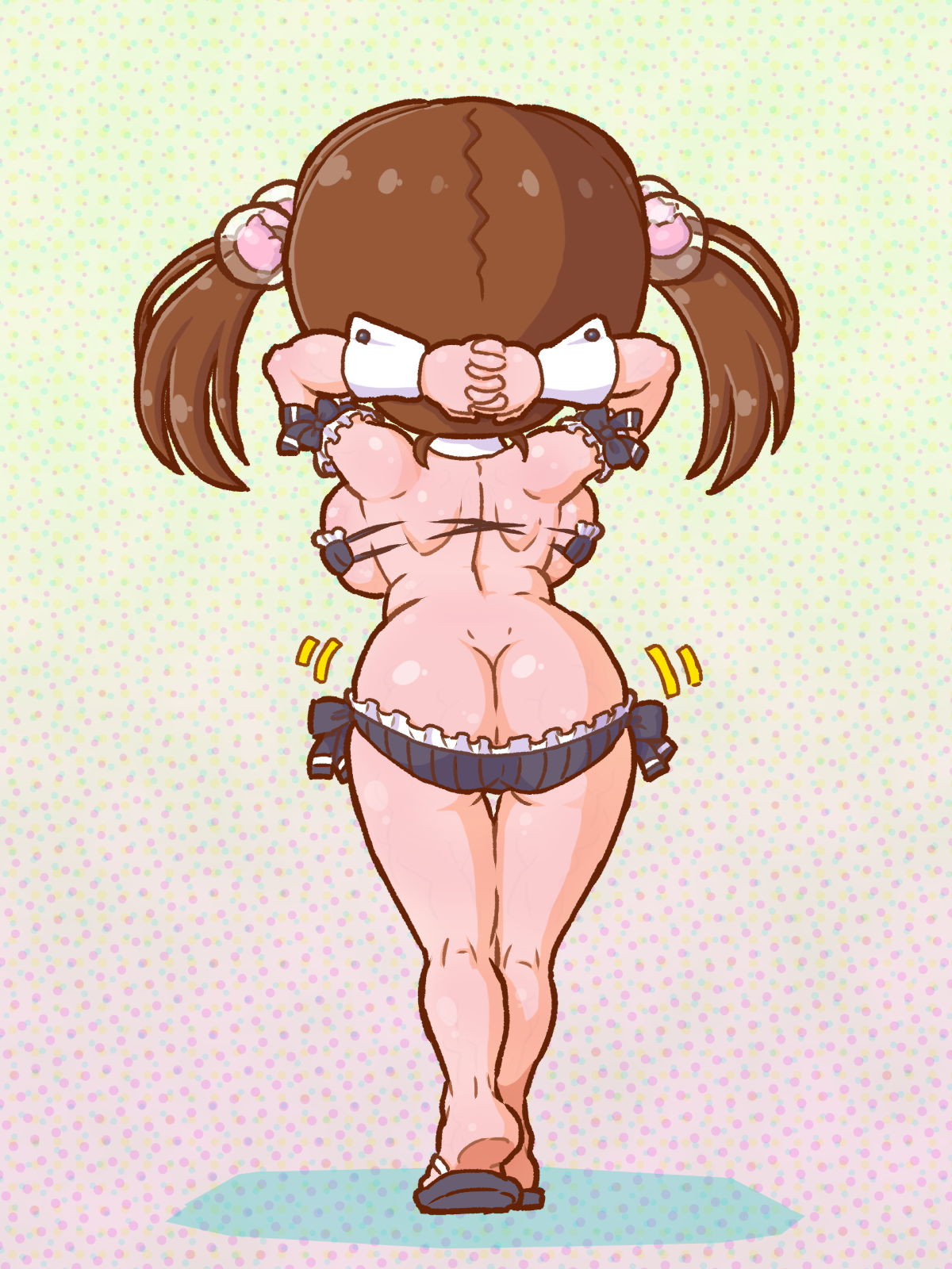 1girl ass ass_shake backboob bikini black_bikini blush breasts brown_hair butt_crack dimples_of_venus large_breasts machiya_yuina pastel_memories sideboob solo standing swimsuit swimwear twintails yosiyuki_yosizou