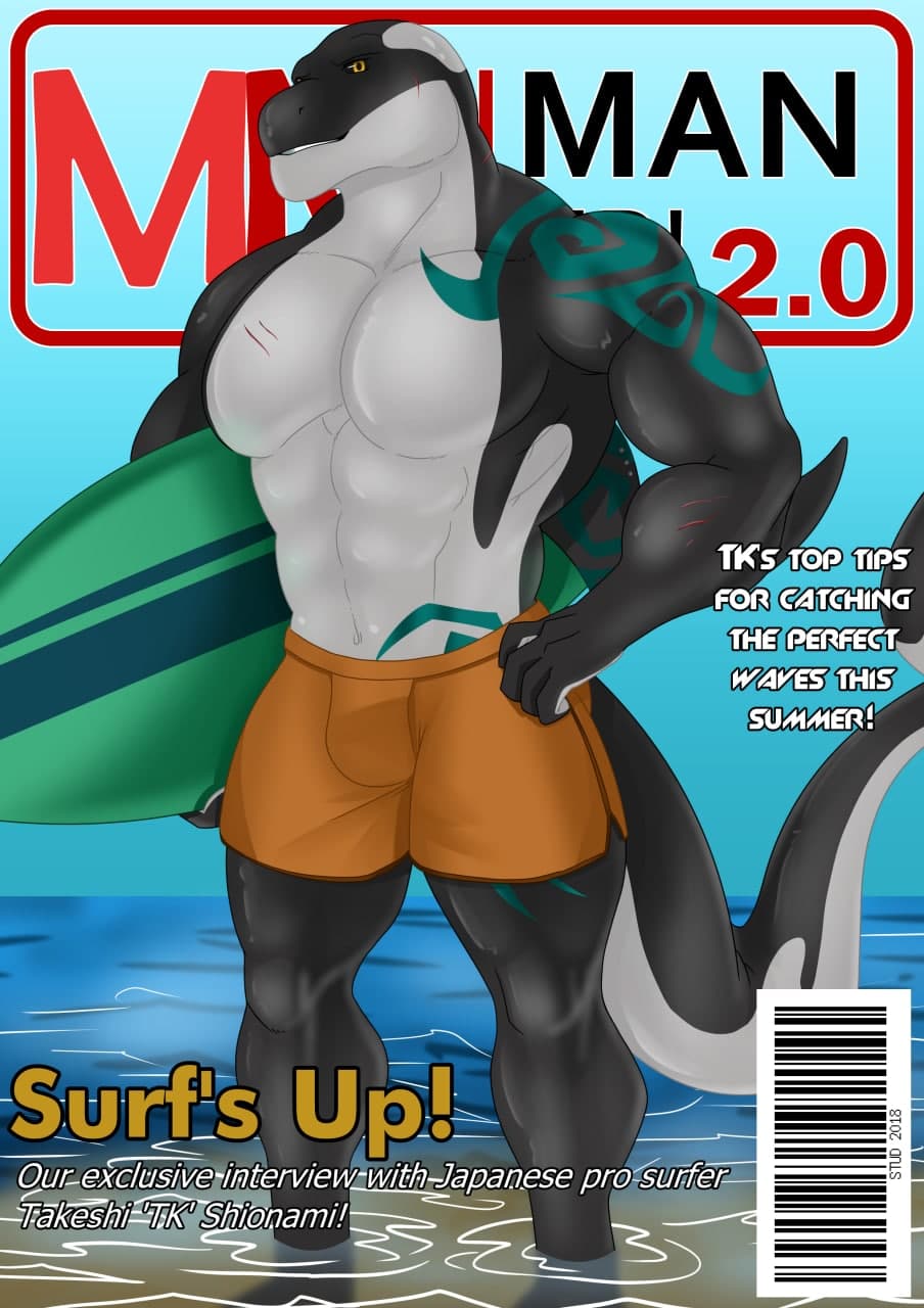 alphanox anthro cetacean clothed clothing cover delphinoid fin fin_piercing furgonomics furry-specific_piercing hi_res magazine_cover male mammal marine oceanic_dolphin orca piercing solo surfboard surfer takeshi_shionami tattoo toothed_whale