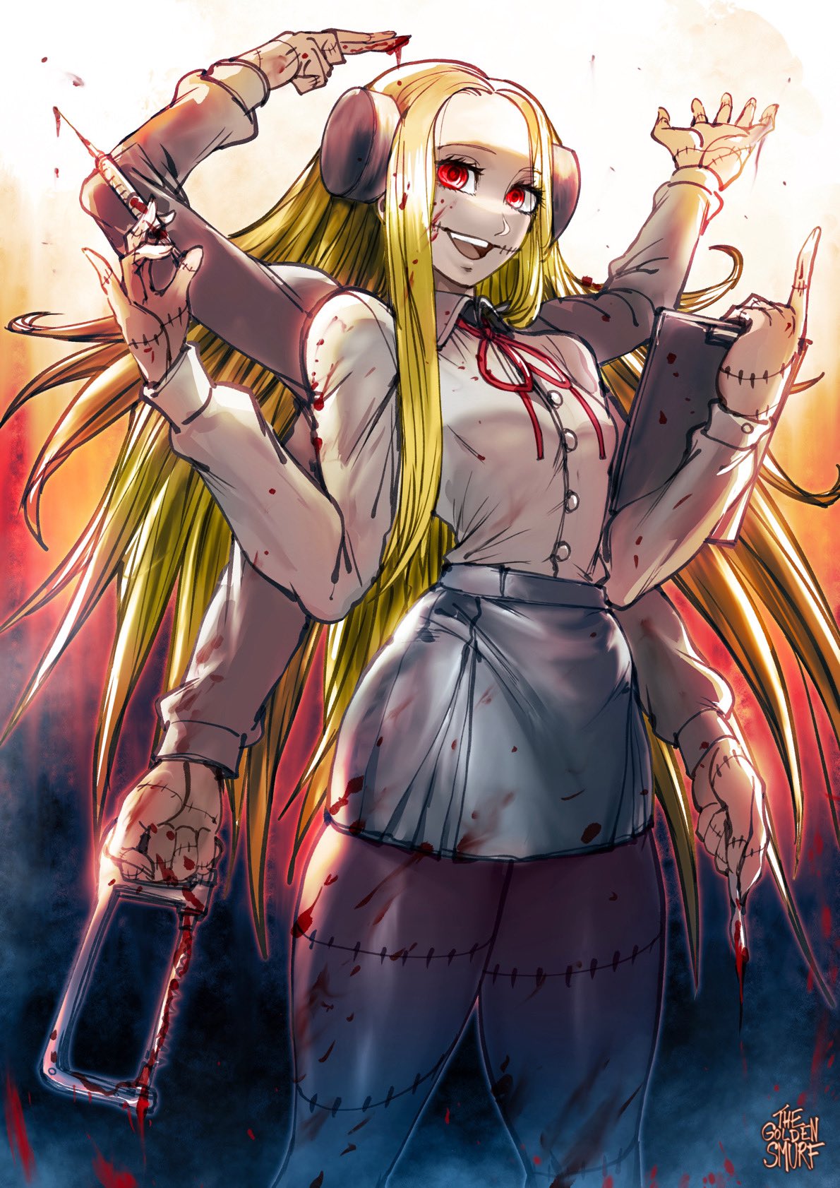 1girl artist_name blonde_hair blood blood_on_clothes blood_on_face blood_on_hands blue_skirt bonesaw clipboard english_commentary extra_arms franken_fran highres holding holding_clipboard horror_(theme) long_hair madaraki_fran monster_girl red_eyes saw scalpel signature skirt stitched_arm stitched_face stitched_fingers stitched_leg stitches surgeon the_golden_smurf tools zombie