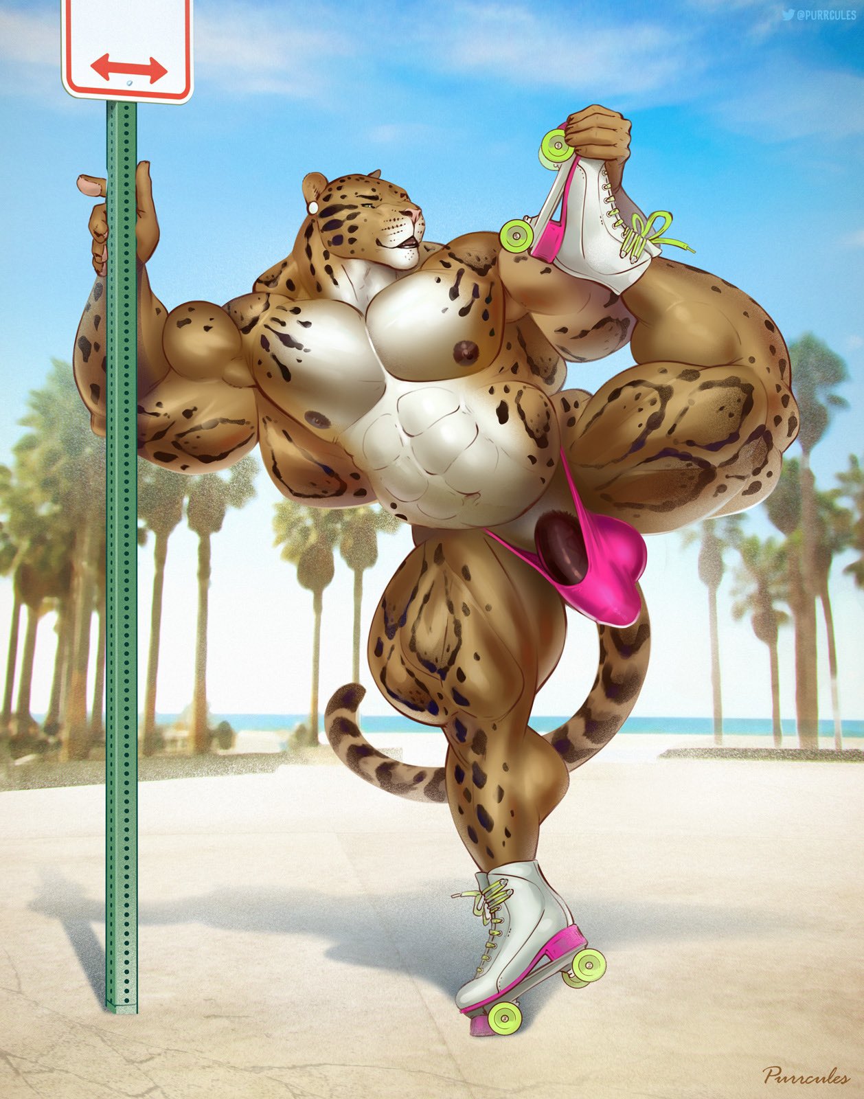 2021 abs anthro areola balls_in_underwear barely_contained barely_contained_penis beach benji_(character) biceps big_muscles biped brown_body brown_fur bulge clothed clothing cloud clouded_leopard day digital_media_(artwork) ear_piercing felid flexible fur genitals hi_res huge_muscles mainlion male mammal markings muscular muscular_anthro muscular_male muscular_thighs nipples outside palm_tree pantherine pecs penis piercing pinup plant pose public quads raised_leg rollerskates seaside sign sky smile solo tan_body tan_fur thong topless tree underwear