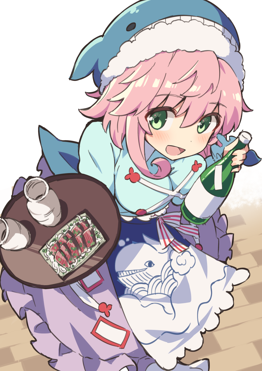 1girl animal_hat animal_print apron blue_apron blue_headwear blue_shirt blush bottle eyebrows_visible_through_hair fish_print food frilled_skirt frills green_eyes hair_between_eyes hat highres holding holding_bottle holding_tray kochi_michikaze long_sleeves okunoda_miyoi open_mouth pink_hair purple_skirt shirt short_hair skirt smile solo tokkuri touhou tray whale_hat whale_print