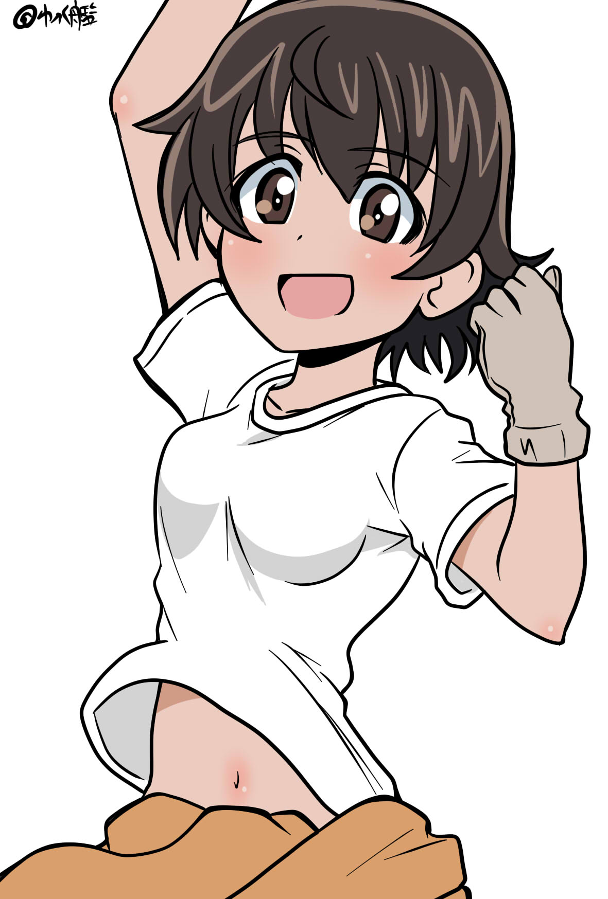 1girl arm_up artist_name bangs blush brown_eyes brown_hair clenched_hand clothes_around_waist commentary_request eyebrows_visible_through_hair girls_und_panzer gloves grey_gloves highres jumpsuit looking_at_viewer mechanic midriff_peek nakajima_(girls_und_panzer) open_mouth orange_jumpsuit shirt short_hair short_sleeves signature simple_background smile solo standing t-shirt uniform upper_body wakku_kan white_shirt