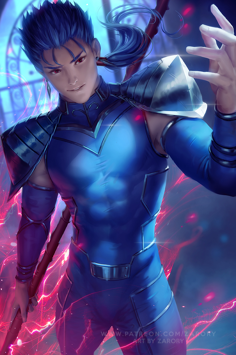 1boy armor blue_hair cu_chulainn_(fate) cu_chulainn_(fate/stay_night) earrings fate/grand_order fate/stay_night fate_(series) gae_bolg_(fate) highres holding jewelry long_hair male_focus pinup_(style) polearm ponytail red_eyes reward_available smile solo spear weapon zarory