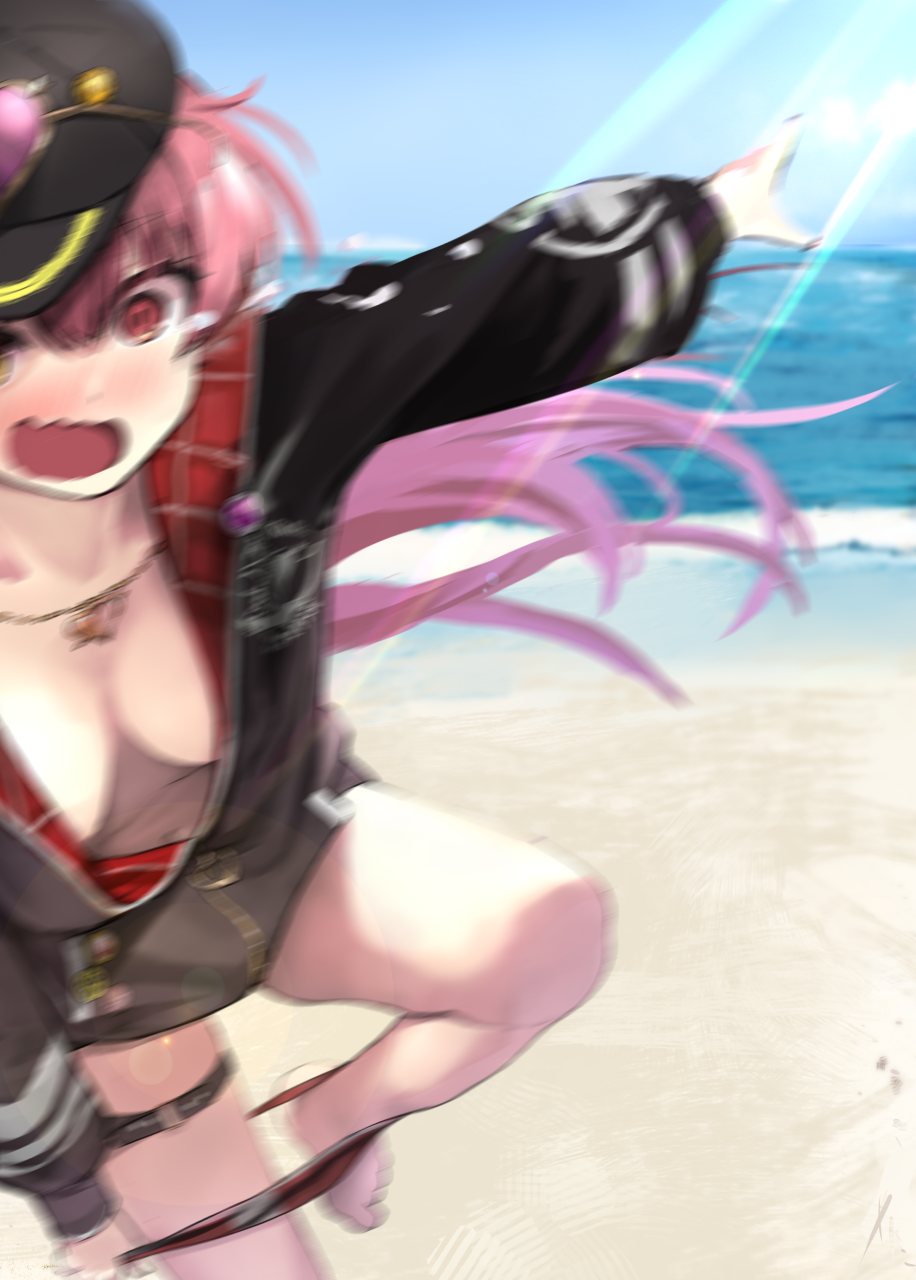 1girl :o bangs bare_legs barefoot baseball_cap beach bikini_bottom_pull black_headwear black_jacket blurry blurry_background blush breasts collarbone commentary downblouse eyewear_on_head falling gradient_hair hair_between_eyes hat heart heart-shaped_eyewear heart_necklace heterochromia highres hololive houshou_marine jacket jewelry large_breasts light_rays long_hair long_sleeves looking_at_viewer motion_blur multicolored_hair naked_jacket navel necklace open_clothes open_jacket open_mouth pink-tinted_eyewear ponytail purple_hair red_eyes red_hair solo standing standing_on_one_leg sunglasses thigh_strap tinted_eyewear tripping very_long_hair virtual_youtuber wankosukii wavy_mouth yellow_eyes