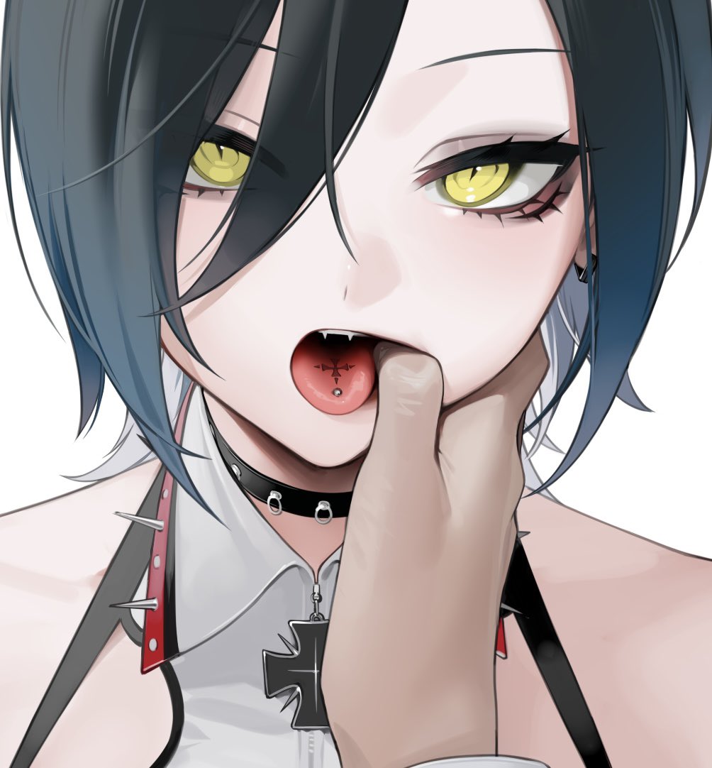 1boy 1girl azur_lane bangs bare_shoulders black_hair blue_hair choker collar collared_shirt cross ears eyebrows_visible_through_hair eyeshadow fangs finger_in_another's_mouth hair_between_eyes hand_in_mouth jewelry long_eyelashes looking_at_viewer makeup ohisashiburi open_mouth pale_skin piercing sharp_teeth shirt short_hair simple_background solo spiked_collar spikes teeth tongue tongue_piercing tongue_tattoo ulrich_von_hutten_(azur_lane) white_background yellow_eyes zipper