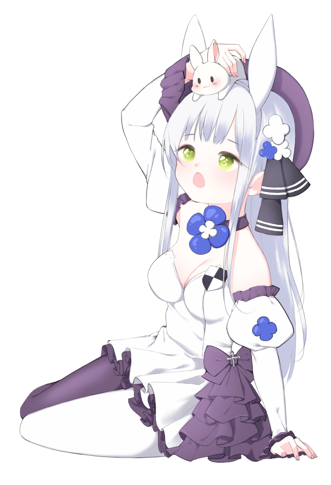 1girl :3 animal_ears animal_on_head arm_up assault_rifle asymmetrical_legwear bangs bare_shoulders blunt_bangs breasts bunny bunny_on_head cleavage closed_mouth commentary detached_sleeves eyebrows_visible_through_hair fake_animal_ears fingernails frills girls'_frontline green_eyes grey_hair gun h&amp;k_hk416 hair_ornament hand_up hat headband hk416_(girls'_frontline) hk416_(herbal-flavored_hard_candy)_(girls'_frontline) ine_(ineinnen) long_hair long_sleeves looking_up official_alternate_costume on_head open_mouth puffy_long_sleeves puffy_sleeves purple_legwear rifle simple_background sitting small_breasts solo uneven_legwear weapon white_background white_hair white_headband white_legwear yokozuwari