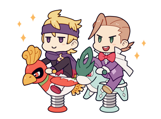 2boys black_sweater blonde_hair blush_stickers brown_hair cape closed_mouth commentary_request eusine_(pokemon) gloves green_eyes headband ho-oh jacket jaho long_sleeves male_focus morty_(pokemon) multiple_boys open_mouth pants pokemon pokemon_(game) pokemon_oras purple_headband purple_jacket purple_pants purple_scarf red_footwear scarf shoes short_hair simple_background sitting smile sparkle spring_rider suicune sweater teeth themed_object upper_teeth white_background white_cape white_gloves white_pants