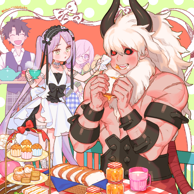 asterios_(fate) bangs bare_shoulders black_hair black_sclera blush colored_sclera cupcake dessert dress eating euryale_(fate) eyebrows_visible_through_hair fate/grand_order fate/hollow_ataraxia fate_(series) food frills fujimaru_ritsuka_(male) glasses hair_over_one_eye hairband honey horns jewelry long_hair mash_kyrielight multiple_boys multiple_girls open_mouth pink_hair purple_eyes purple_hair red_eyes sandwich sara_(kurome1127) short_hair smile twintails very_long_hair white_dress white_hair