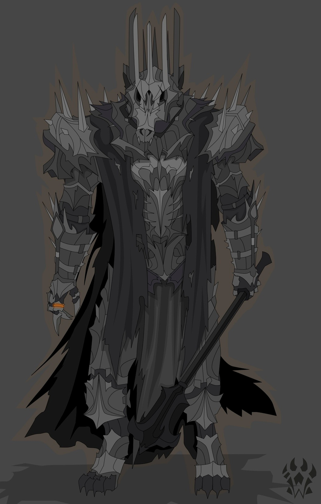 2017 alternate_species anthro armor biped canid canine canis cape claws clothed clothing digital_media_(artwork) fully_clothed furgonomics grey_background headgear helmet hi_res j._r._r._tolkien mace male mammal melee_weapon middle-earth_(tolkien) ring sauron_(tolkien) simple_background solo standing the_lord_of_the_rings weapon wolf wolfdawg