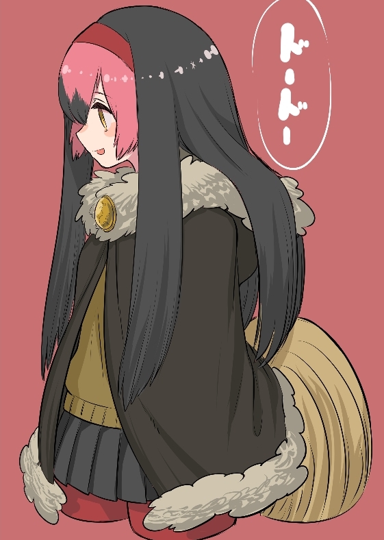 1girl :d alternate_hairstyle bird_tail black_hair blush brown_hair brown_sweater commentary_request dodo_(kemono_friends) empty_eyes eyebrows_visible_through_hair from_side fur_collar fur_trim grey_skirt hair_between_eyes hair_ornament hairband hood hood_down kemono_friends long_hair multicolored_hair notora open_mouth pantyhose pink_background pink_hair pink_legwear pleated_skirt poncho shirt short_hair skirt smile solo sweater tail translation_request yellow_eyes